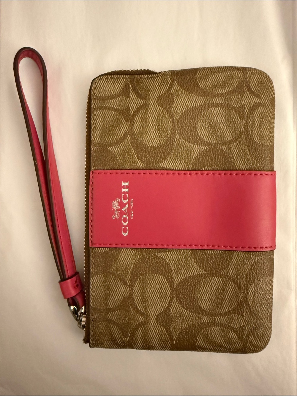 Coach Brown Signature Wristlet with Pink Accent